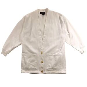 Vintage Eddie Bauer White Cardigan Sweater Gold Anchor Buttons Pockets Womens M